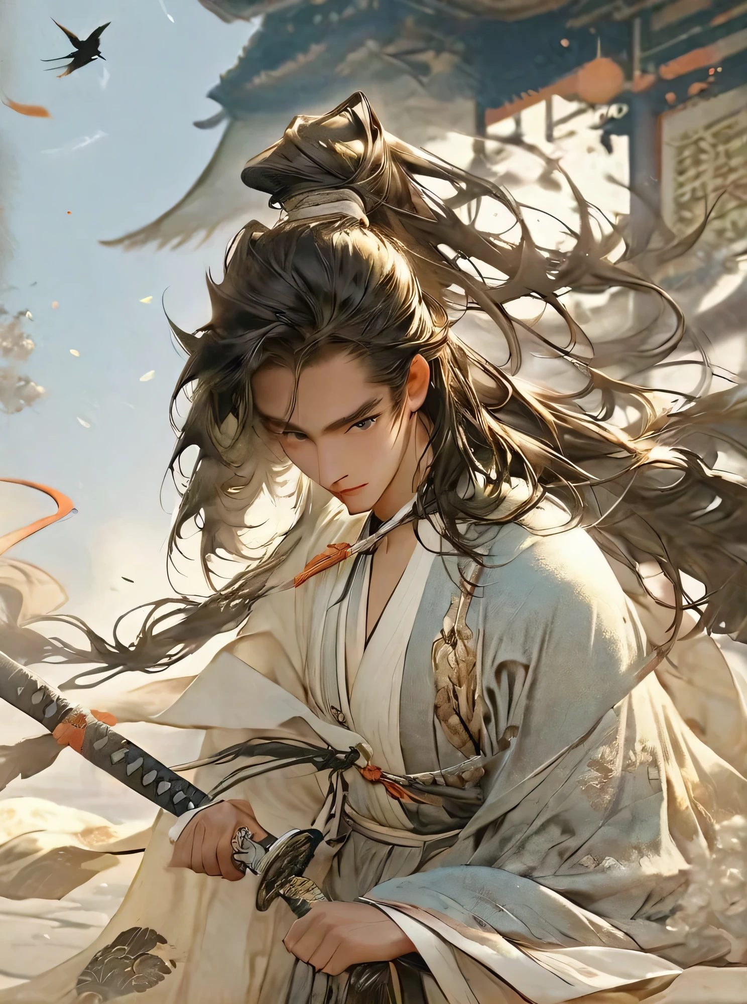 masterpiece, best quality, 1 male, aldult, Very nice face，Vibrant，Fresh clothes，High-spirited，Boy Lang，young, tall, Antique theme,Immortal style bone，Ancient style service, Carry a sword, Sunlight, street, long hair fluttering, Sunlight, Background ancient style, breeze blows, The robe is wide, Fantasy landscape, Starlight around the character, (whole body)
