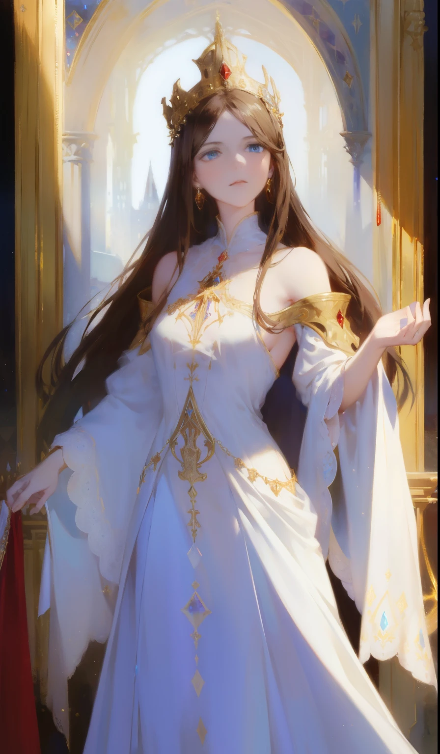 Fantasy, 19th century, empress, woman, delicate face, pale brown long hair, blue eyes, in a white royal dress with open shoulders, gold patterns on fabric, crystal jewelry, with a scarlet ribbon over the shoulder with the regalia of the monarch, Gothic castle made of white stone on the background, light, day, hd
