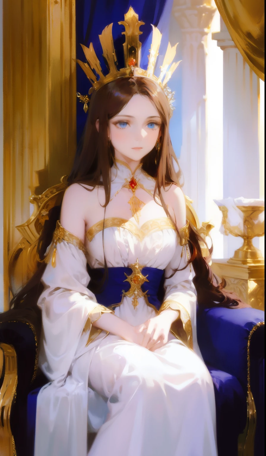 
Fantasy, 19th century, empress, woman, delicate face, pale brown long hair, blue eyes, in a white royal dress with open shoulders, gold patterns on fabric, crystal jewelry, with a scarlet ribbon over the shoulder with the regalia of the monarch, Gothic castle made of white stone on the background, light, day, hd