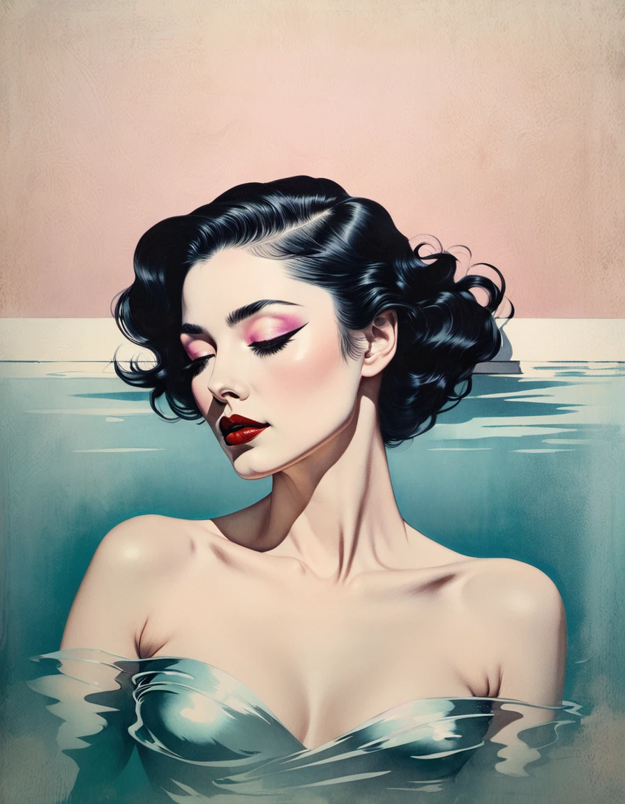 chiaroscuro technique on sensual illustration of an elegant woman, vintage ,silky eerie, matte painting, by Hannah Dale, by Harumi Hironaka, extremely soft colors, vibrant, pastel, highly detailed, digital artwork, high contrast, dramatic, refined, tonal, minimal ratio, swimming pool texture