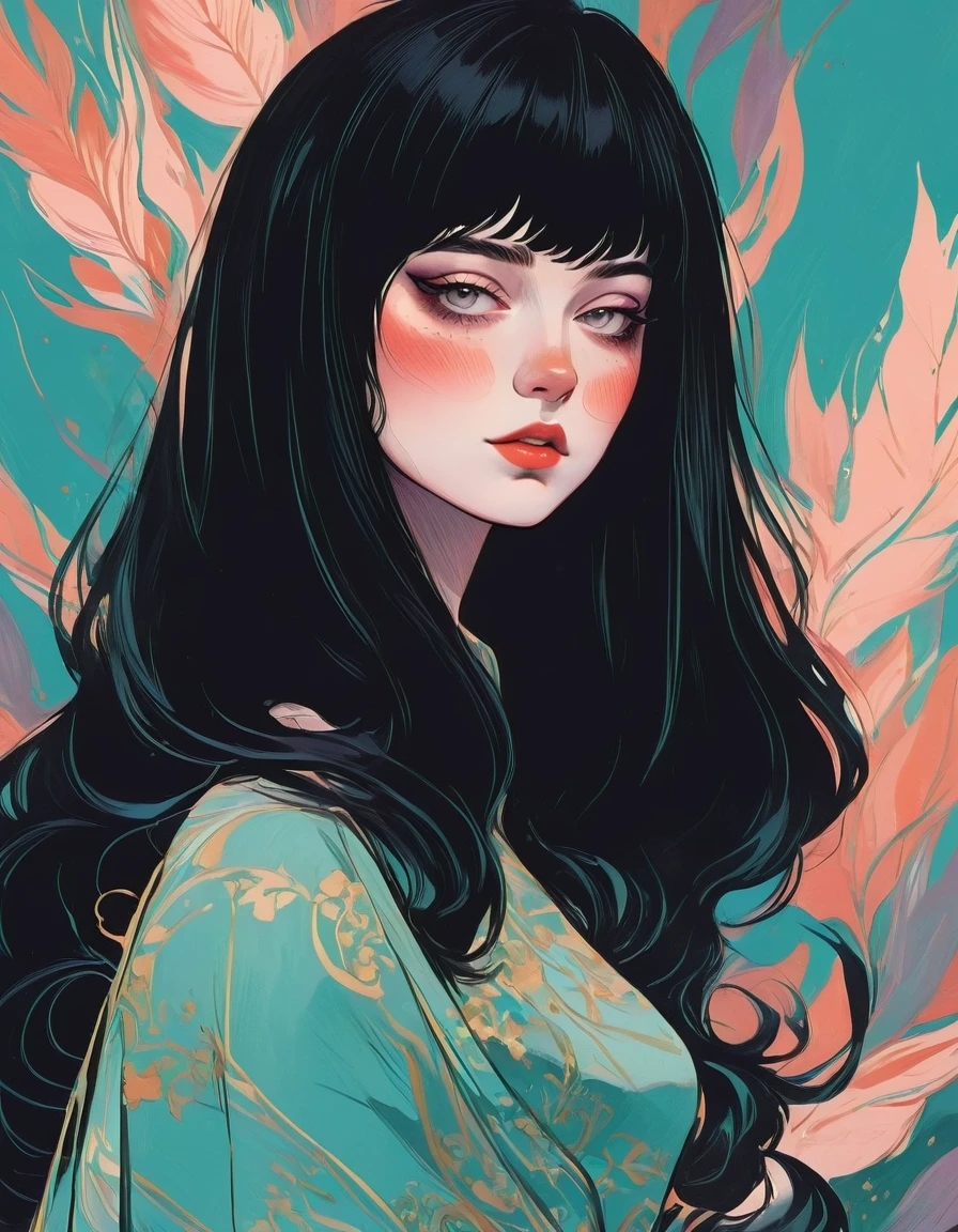 (thick and bold) ink sketch technique on sensual illustration of an elegant queen (((medium hair with bangs:1.4、Beautiful bangs) , vintage ,silky dress, matte painting, by John Singer Sargent, by Harumi Hironaka, extremely soft colors, dark fashion , Tiffany pastel, highly detailed, digital artwork, high contrast, dramatic, refined, tonal, an intimate, seductive studio setting with a focus on sensuality and romance. Utilize soft, warm lighting that bathes the space in a gentle, inviting glow. Incorporate luxurious fabrics, plush furnishings, and a touch of decadence to evoke an opulent ambiance. The scene should exude an air of serenity and anticipation, inviting the viewer into a sensual and romantic space