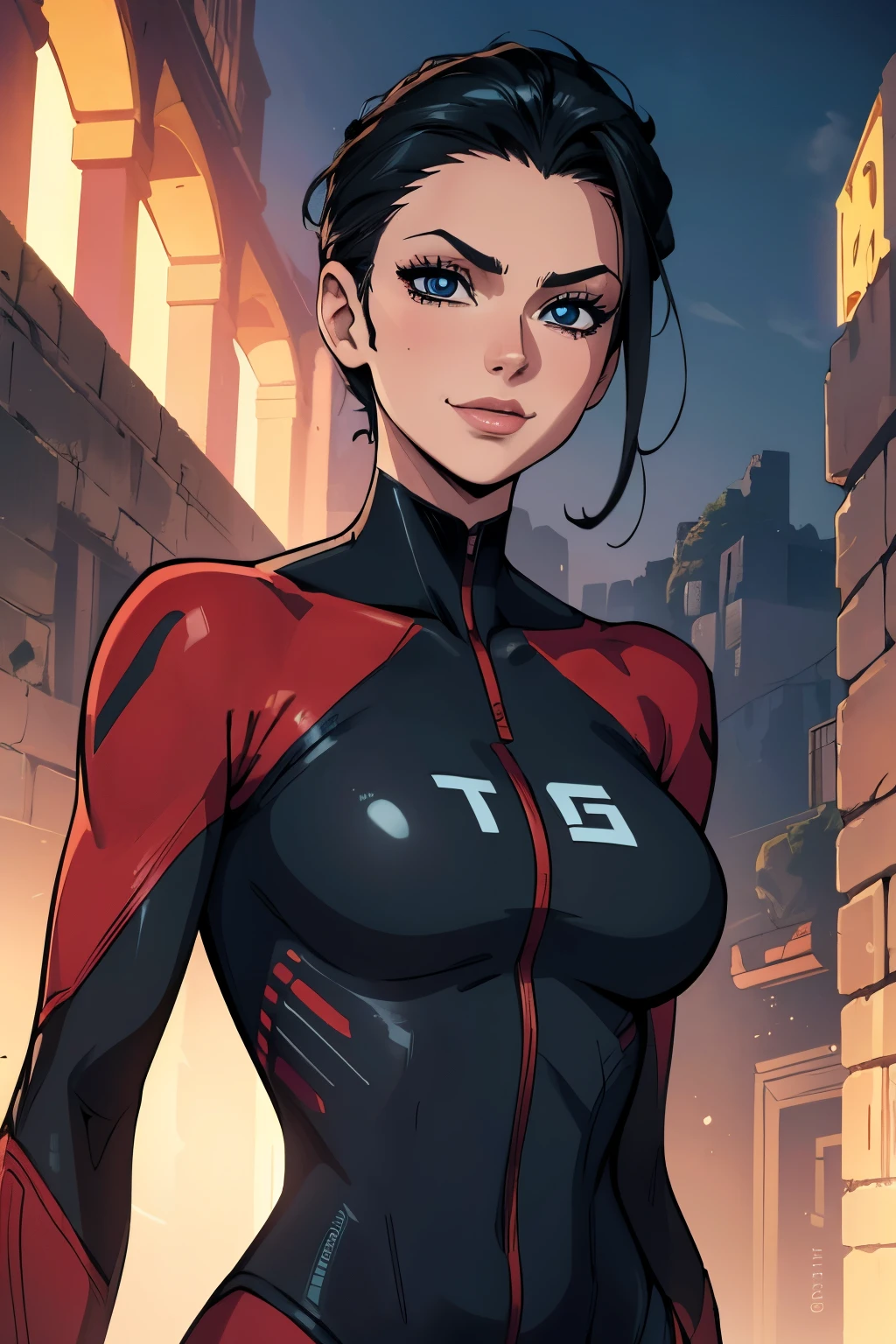 (art, Best quality, absurd, 4K, aesthetics, perfect eyes, perfect face, detailed, complex, Perfect lighting) 1 girl with fair skin, short dark hair brushed back, wears a red and black futuristic bodysuit, queen of a race alien, warrior, gentle smile