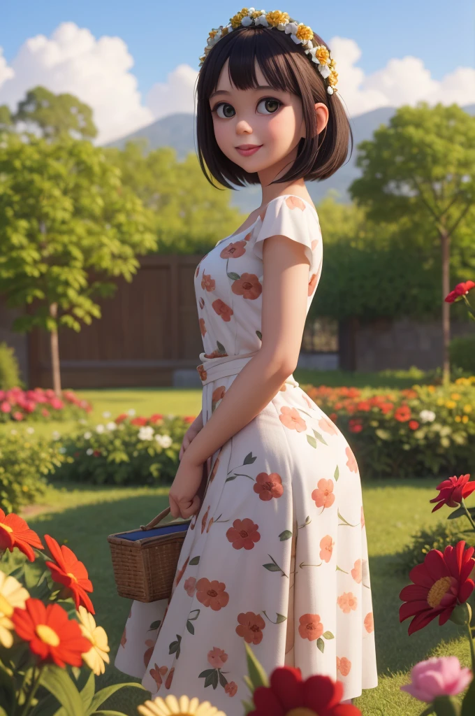 Adorable, mature Woman,detailed big-eyed woman, round face. promenent red lips. Smileing,In the garden, large ass, wearing a cute floral sun dress. flower crown, Flower belt draped around waist. Picture from the side,looking at the scenes, intense colors, Very valuable details, complex details, volumetric lighting, digital art, 8k, trending on Artstation, Clear focus, complex details, highly detail, Greg Rutkowski Big Eyes, high-resolution, Black hair. Molly Quinn, attractive chest, .Photorealistic. Confidence, self esteem, assertiveness, dominance. wide Amused smile. ecstastic expression.
