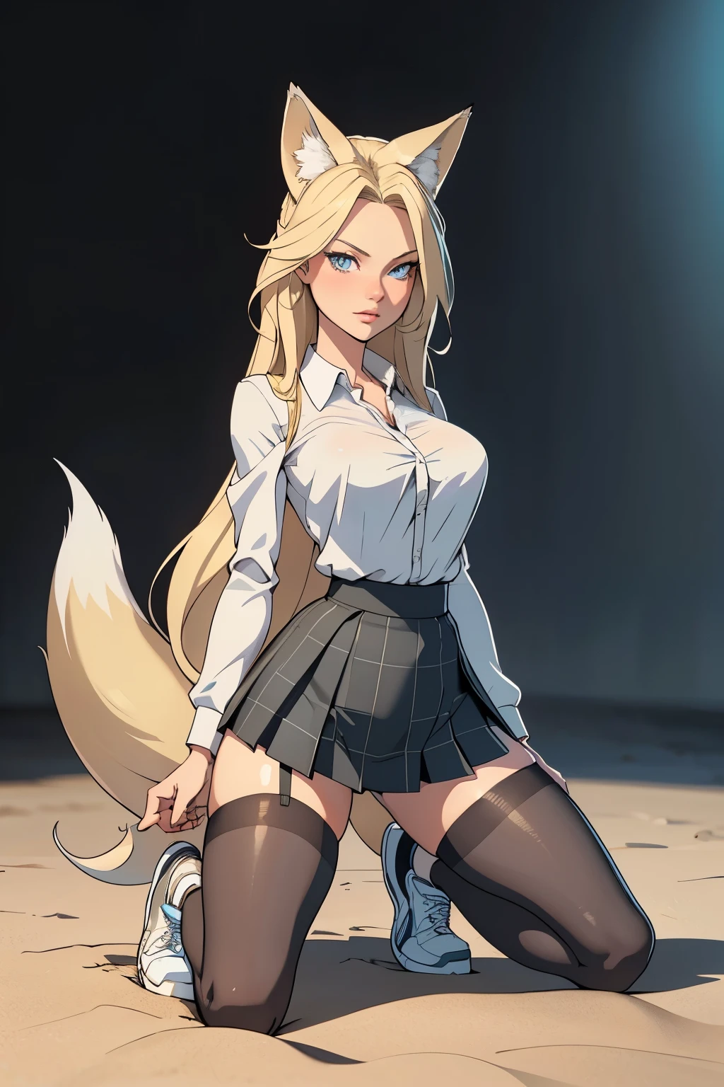 Beautiful 1girl, full body, teenager, solo, (very long waist length blonde hair, straight blonde hair: 1.28), ((light blue eyes)), clear skin, (large darker fox ears: 1.35), pale skin, medium breasts, cleavage, (thin hips, thin waist , athletic body: 1.25),  background, looking away, (revealing clothes, tight unbuttoned blouse, see through blouse, pleated mini skirt, thigh high stockings, plaid b&w sneakers, school outfit: 1.11), groping chest, kneeling in the sand, masterpiece, best quality,3d rending work ,3DMM style, close-up, portrait, 3D,