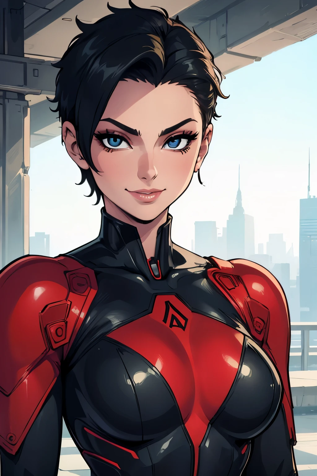 (art, Best quality, absurd, 4K, aesthetics, perfect eyes, perfect face, detailed, complex, Perfect lighting) 1 girl with fair skin, short shaved hair, wears a red and black futuristic bodysuit, queen of an alien race, warrior , gentle smile