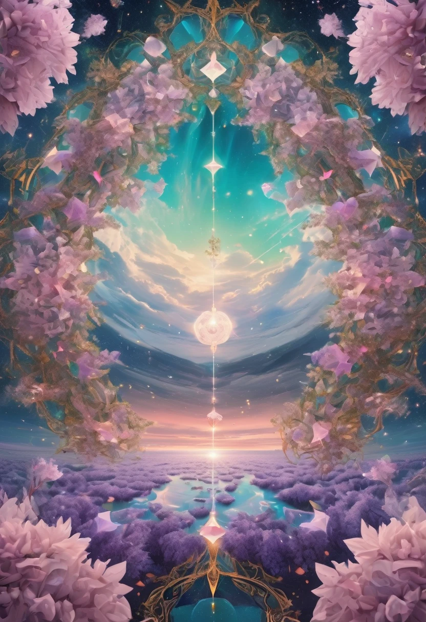 giant geometric shape, mandala sacral geometry made of LILACS flowers petals, hypnotizing, stars, golden ratioin the middle of picture, flying above the on the landscape made of fractal crystals Swarovski, glowing tesselations, centered, sharp focus, perfect composition, dynamic, shining glowing ,blue,white,coral pink, pink, tiffany blue, stars swirling, windy, sparkles swirling, green,pastel, cloudy, fantastic adventure,high quality 16k resolution, gothic (luminism photography:1.7)  aurora light, with a long long  glowing roses,  feathers and tiny bells, t  quartz, shining, mosaic, glitter, made on Nikon, sharp focus, perfect quality, high resolution, long shot, 16k resolution, masterpiece, breathtaking, strict details, meticulously detailed, complementary colors, soft colors 
EPIC  3d shading detailed matte painting intricate details, HDR, beautifully shot, hyperrealistic, sharp focus,  megapixels, perfect composition, high contrast, cinematic, atmospheric, moody . masterpiece, best quality, very aesthetic, absurdres, otclillsn