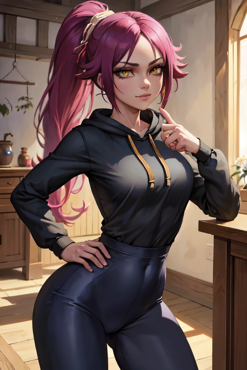 (masterpiece, best quality:1.2), solo, 1girl, shihouin yoruichi, smirk, looking at the viewer, hands on hips, ponytail, long sleeves, black pants, masterpiece, realistic eyes, best quality, closed mouth, beautiful lighting, cinematic, 8k, facial, wet face, liner, wooden walls, medium , gray hoodie, leggings, wide hips, yellow eyes,