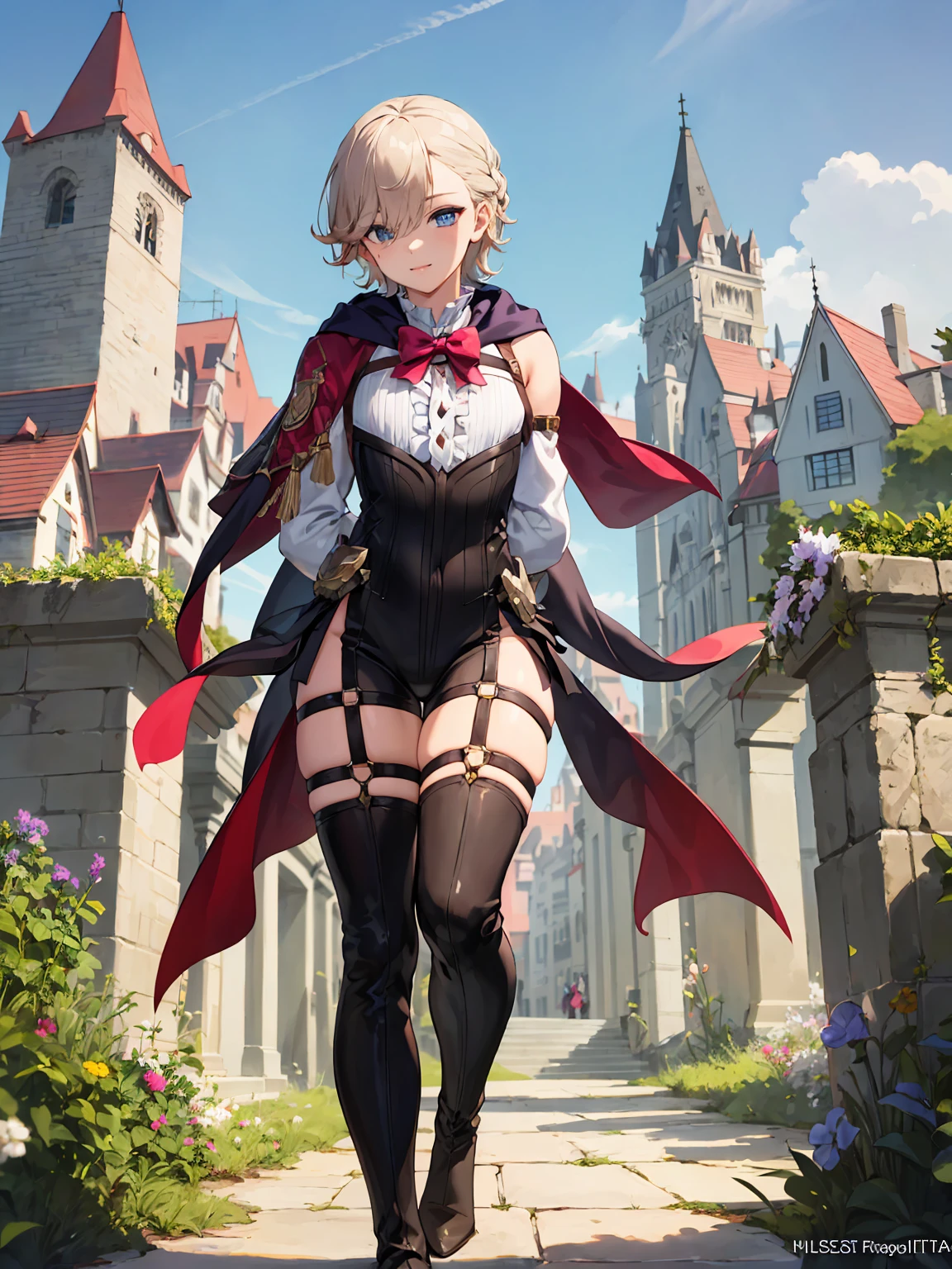 (masterpiece, highest quality, best quality, official art, beautiful and aesthetic: 1.2), (1boy), extremely detailed, (fractal art: 1.3), colorful, highest detailed, perfect face), lyney, sexy, wide hips, thicc figure, Detailed blue eyes, Detailed face, Detailed eyes, femboy, male, bulge, standing, gothic, arms behind back, castle, outdoors, castle walls, braided hair, exposed thighs, thick thighs, thigh harness, 1boy, solo, front view, highboots, bulge