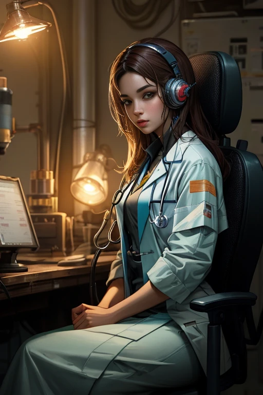 doctor with medical gown, detailed face, proportional face, sitting, repair station, cinematic light, Science fiction, (CG illustration), (Highly detailed), (high resolution), (Best quality), (masterpiece)