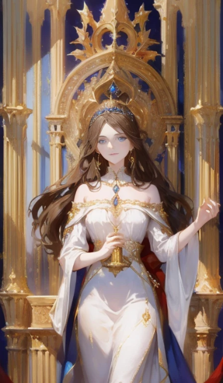Fantasy, 19th century, empress, woman, delicate face, pale brown long hair, blue eyes, in a white royal dress with open shoulders, gold patterns on fabric, crystal jewelry, with a scarlet ribbon over the shoulder with the regalia of the monarch, Gothic castle made of white stone on the background, light, day, hd