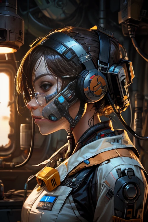 girl in medical suit, repairing a damaged droid, detailed face, proportional face, repair station, cinematic light, Science fiction, (CG illustration), (Highly detailed), (high resolution), (Best quality), (masterpiece)