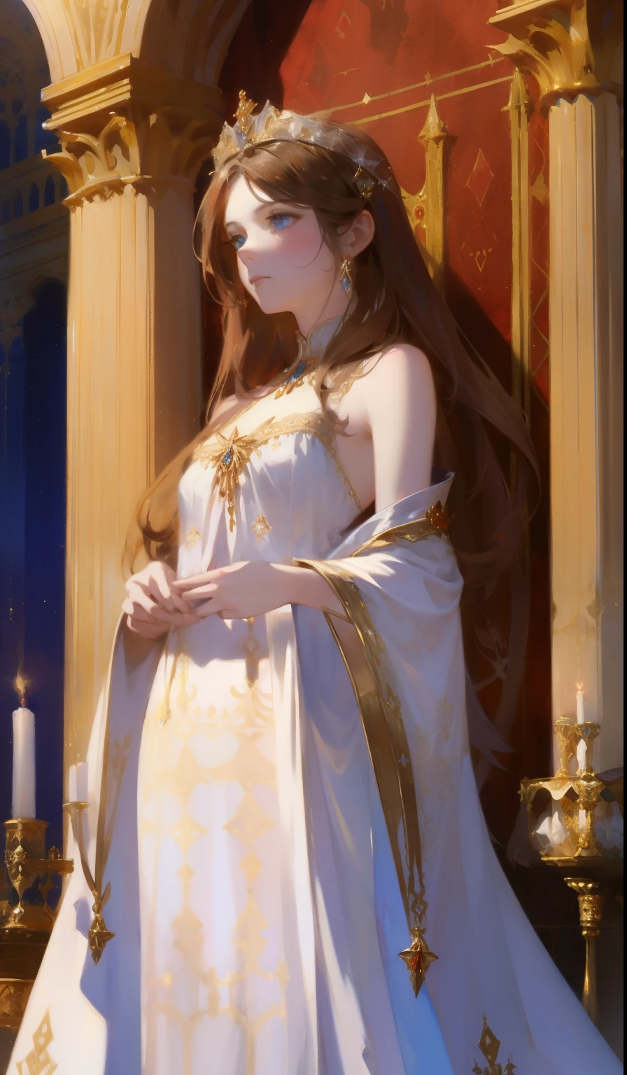 Fantasy, 19th century, empress, woman, delicate face, pale brown long hair, blue eyes, in a white royal dress with open shoulders, gold patterns on fabric, crystal jewelry, with a scarlet ribbon over the shoulder with the regalia of the monarch, Gothic castle made of white stone on the background, light, day, hd