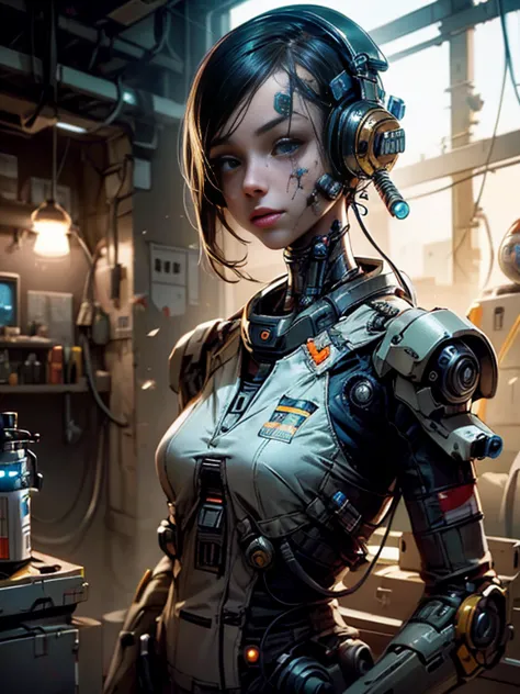 girl in medical suit, repairing a damaged droid, detailed face, proportional face, droid in repair station, cinematic light, sci...