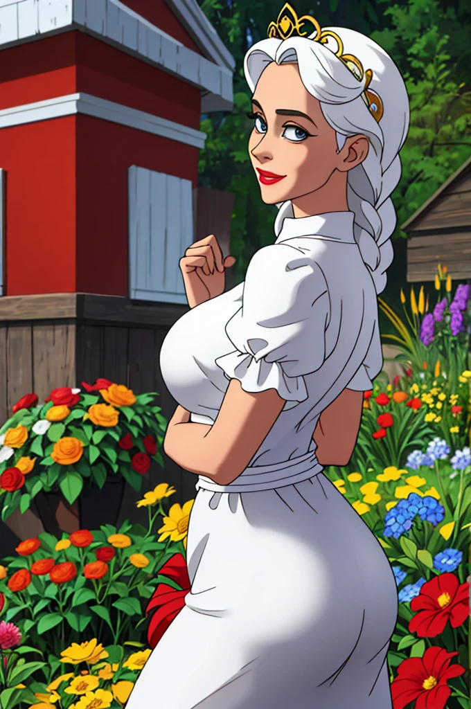 best quality, masterpiece,white hair, gold eyes,white clothes, looking up, upper body,hair strand,Fair skin,side braids Large chest,. Adorable, mature Woman,detailed big-eyed woman, round face. promenent red lips. Smileing,In the garden, large ass, wearing a cute floral sun dress. flower crown, Flower belt draped around waist. Picture from the side,looking at the scenes, intense colors, Very valuable details, complex details, volumetric lighting, digital art, 8k, trending on Artstation, Clear focus, complex details, highly detail, Greg Rutkowski Big Eyes, high-resolution, Black hair. Alison Brie., attractive chest, .Photorealistic. Confidence, self esteem, assertiveness, dominance. wide Amused smile. ecstastic expression.