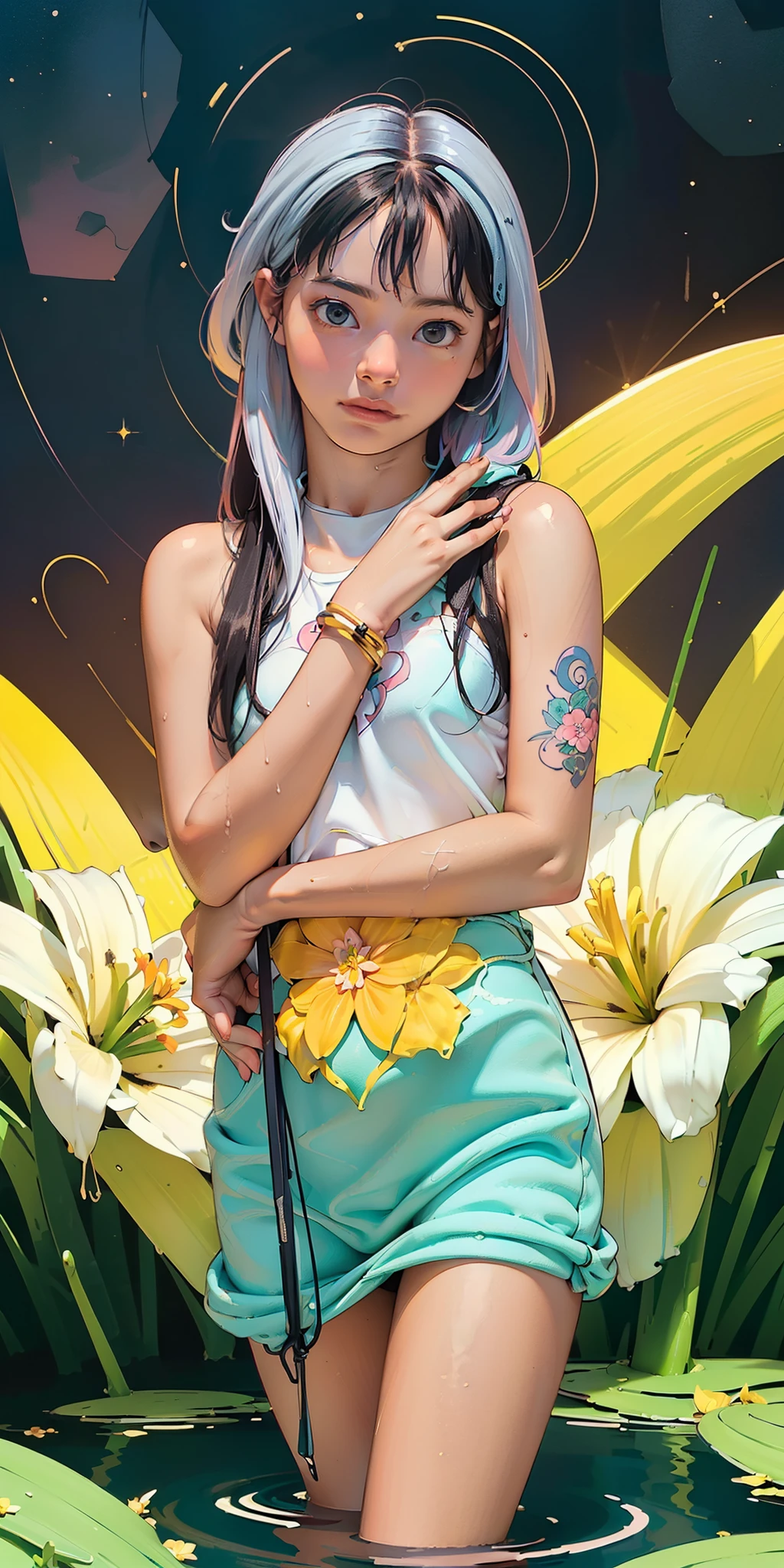 ((1 girl - solo, full length, waist-length, loose - relaxed pose, standing)), ((masterpiece, best quality: 1.3), (ultra detail: 1.3), (best quality, high resolution, photo-realistic: 1.37)). ((Orange, pink, white, and green details), (girl, in flower-T tattoos, starry sky-white hair), (dark hair, shoulder-length, long hair), (elegant body, dark stylish T-shirt, tech clothes: 1.1), (beautiful hands in jewelry bracelets, tattoos, (Rockstar)). ((Calm look, relaxed pose, standing)). ((Abstract background with lines and circles), (Technical background - abstraction), (high-tech), (many flowers - lilies), (flowers look amazing), mostly in light colors: (white, blue, yellow, gold)).((Best quality), (surrealism: 1.3), (masterpiece: 1.2), (fantasy: 1.2, surrealism: 1.3), ((High resolution, sharp image), (best quality: 1.37), (realistic 3D visualization), (adjustments, soft light-shadow, flooded sunlight, contrast shadows – cold tones, warm soft light)). (Technical background - abstraction), (modern style, HD detail, cinematic, surrealism, Deep focus, ray tracing, Diffusion)).