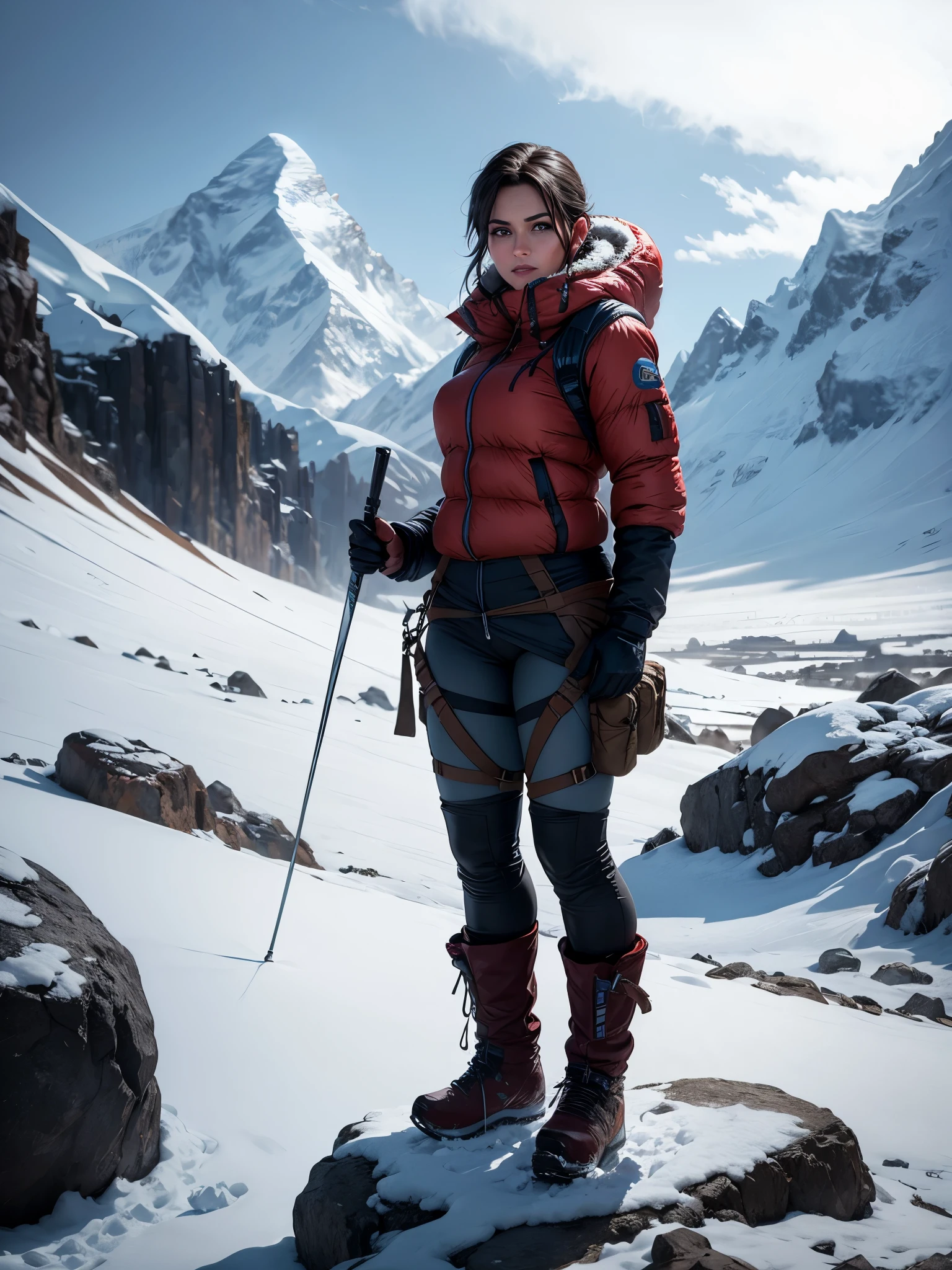 Lara Croft climbing the mount everest, snow clothes, glacier, ice, snowing, cold weather, storming