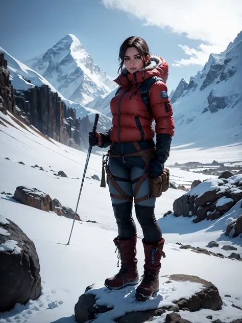 Lara Croft climbing the mount everest, snow clothes, glacier, ice, snowing, cold weather, storming