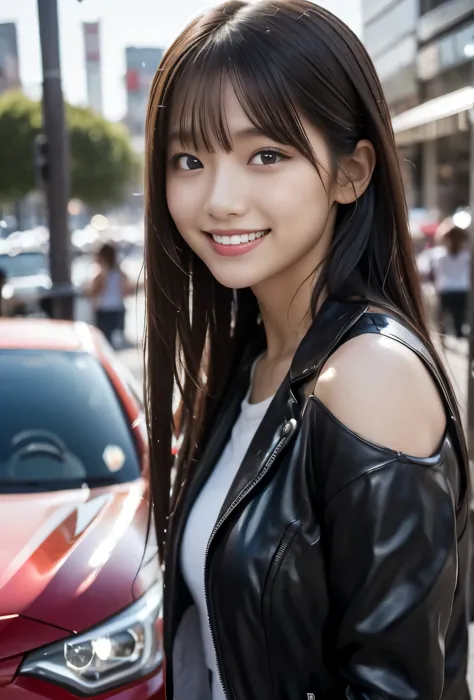 (((car race:1.3, outdoor,Photographed from the front))), ((long hair:1.3,leather,japanese woman,Smile,cute)), (clean, natural ma...