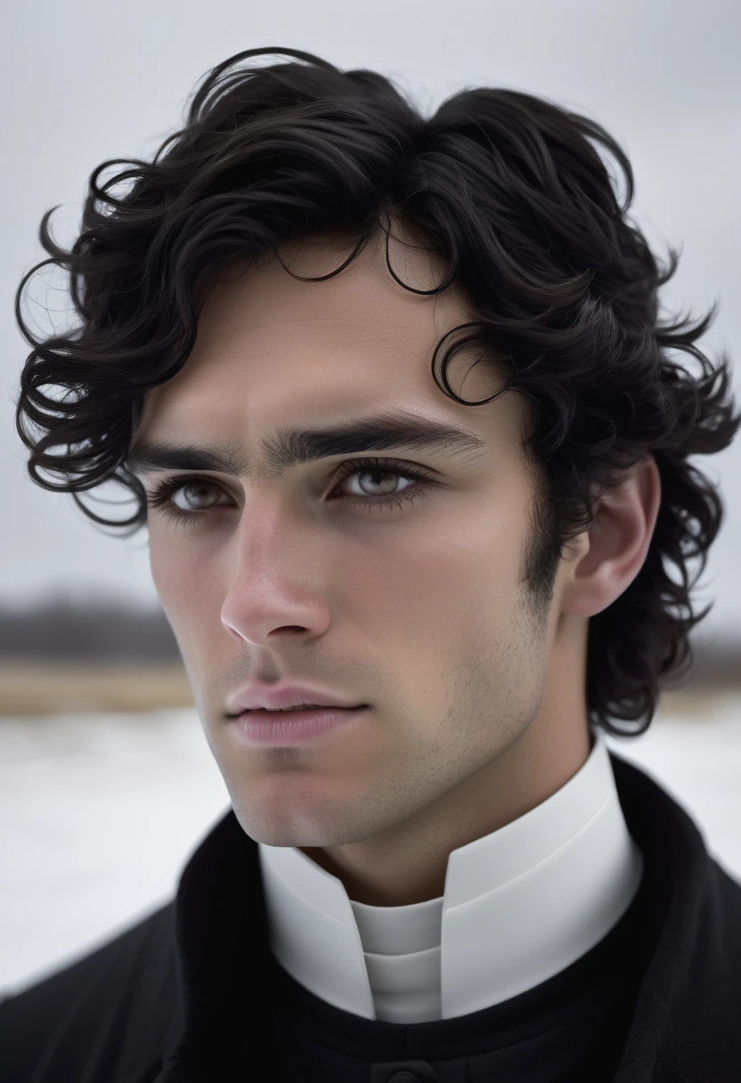 (highly detailed, soft light, photorealistic, dynamic light; cinematic); victorian era; 1820s; 24 years old man; Spanish-British mix; 1820s Anglican priest; incredibly attractive; dark and brooding; masculine yet beautiful; helpless longing stare; confused expression; moody; Adonis-like; intense; sensual; amorous air; very attractive; lean figure; stubble; hazel-green eyes; thick strong dark-brown eyebrows; long full sideburns; 1820s black priest cassock, white collar; short tousled dark-brown wavy hair; full luscious moist lips, parted; mouth slightly open; standing in Manitoba 1820's settlement during winter; looking at camera