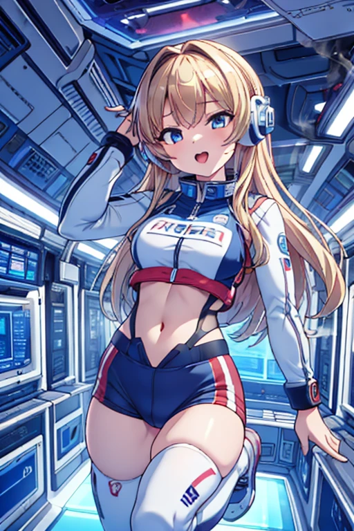 top-quality,Top image quality,in 8K,4K,​masterpiece,ultra-detailliert,Beautiful,ultra-quality, best quality,high resolution, ultra-detailed,game cg,dutch angle,(acrobatic pose):5,jumping:5,(inside spacestation,)beautiful detailed eyes,five fingers,headphone,nsfw,a beauty girl,(astrovest):5,(track uniforms),wet,(steam:1.5),Running form,open open mouth,(blonde hair),(long hair):2,Navel,space_station_interior, exercise_room, futuristic, high_technology, zero_gravity_exercise_equipment, high_resolution_landscape, sleek_design, minimalistic, 8K_resolution, game_cg_style, Dutch_angle, detailed_character, track_uniform, perfect_running_form, intense_expression, detailed_eyes, determination, steam:1.5, beauty, strength, five_fingers, visible_navel, open_mouth, ultra_quality, high_resolution, ultra_detailed,astrovest