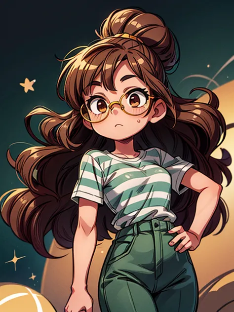 girl with long brown curly hair, brown eyes, wearing gold circular glasses, a green and gray striped (horizontal stripes) shirt,...