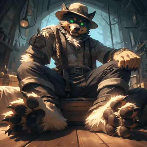 (((Barefoot furry character, full body, cinematic setting, furry male))) (((Lumberjack))), rottweiler, black fur, plantigrade, w...