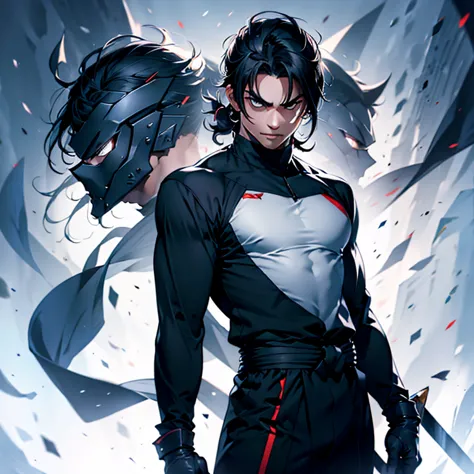 man black hair, black eyes, white war suit, black gloves and light sword