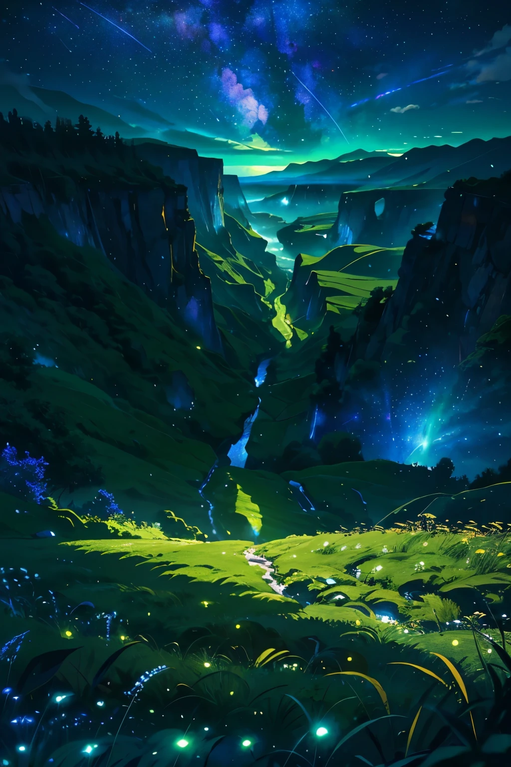 Vast green land, Strange literature, Bright colors, The starry sky is dotted, Various harmonious clouds, Overlooking steep cliffs, large mountains, Forest grass, lush, Strong perspective, Strong depth, Strong sense of depth and proximity, Strange graphics, Strong impact, Strong sense of color and light and dark impact，Strong light feeling，Photographic views