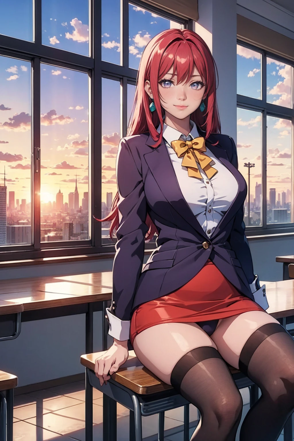 (Ilustration high quality:1.2), anime, TakashiroHiroko, 1girl, mature female, solo, sitting on table, spread legs, full body, looking at viewer, blush, smirk, purple eyes, long hair, red hair, earrings, jewelry, teacher, blouse, bowtie, blazer, pencil skirt, thighhighs, high heels, curvy, large breasts, purple panties, lace panties, school, window, sky, sunlight, city, complex background, sunset,
