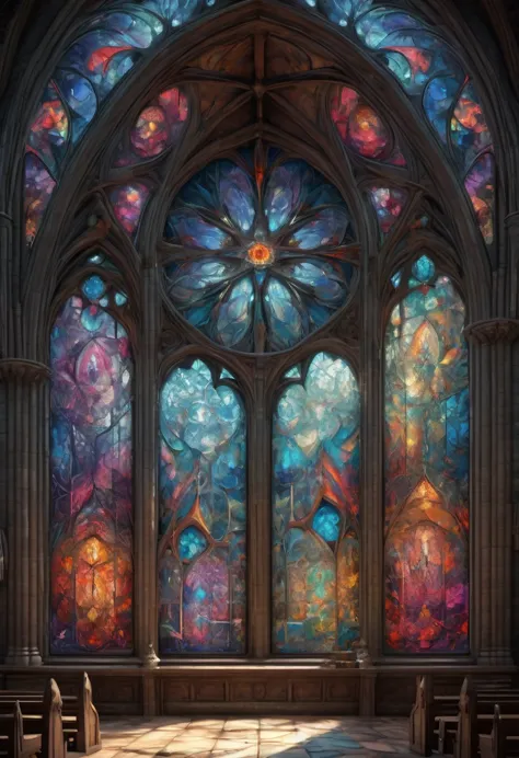 giant geometric shape, Epic stained glass window of a church Colorful glithering beautiful gothic fractal geometry on mandala, H...