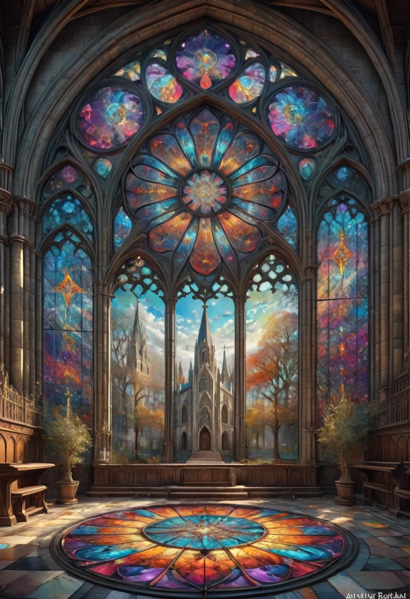 Riesige geometrische Form, Episches Buntglasfenster einer Kirche. Bunt glitzernde, wunderschöne gotische fraktale Geometrie auf Mandala, Hyperdetailliert von Arthur Rackham, komplizierte Detailss, strukturiert, volumetrisch, lebendig, Antoine Blanchard, lebendige Farben, schöne Beleuchtung, perfekte Komposition: detailliertes Matte Painting, dunkle Farbe, fantastisch, komplizierte Details, Begrüßungsbildschirm, Komplementärfarben, Fantasy-Konzeptkunst, 8k-Auflösung im Trend bei Artstation Unreal Engine 5 . Meisterwerk, beste Qualität, sehr ästhetisch, absurdesten, Abonnieren