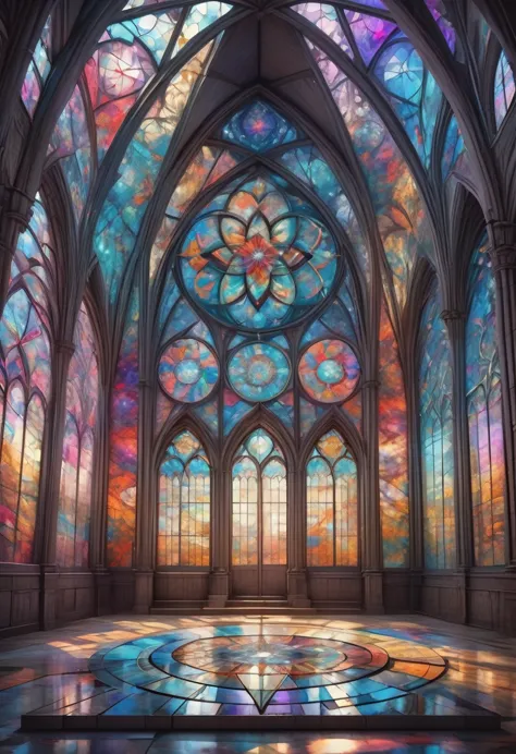 giant geometric shape, Epic stained glass window of a church Colorful glithering beautiful gothic fractal geometry on mandala, H...