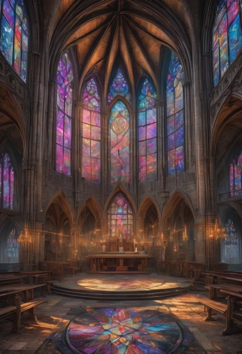 giant geometric shape, Epic stained glass window of a church Colorful glithering beautiful gothic fractal geometry on mandala, Hyperdetailed by Arthur Rackham, intricate details, textured, volumetric, vivid, Antoine Blanchard, vibrant colours, beautiful lighting, perfect composition: detailed matte painting, deep color, fantastical, intricate detail, splash screen, complementary colors, fantasy concept art, 8k resolution trending on Artstation Unreal Engine 5 . masterpiece, best quality, very aesthetic, absurdres, otclillsn