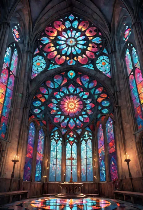 giant geometric shape, Epic stained glass window of a church Colorful glithering beautiful gothic fractal geometry on mandala, H...