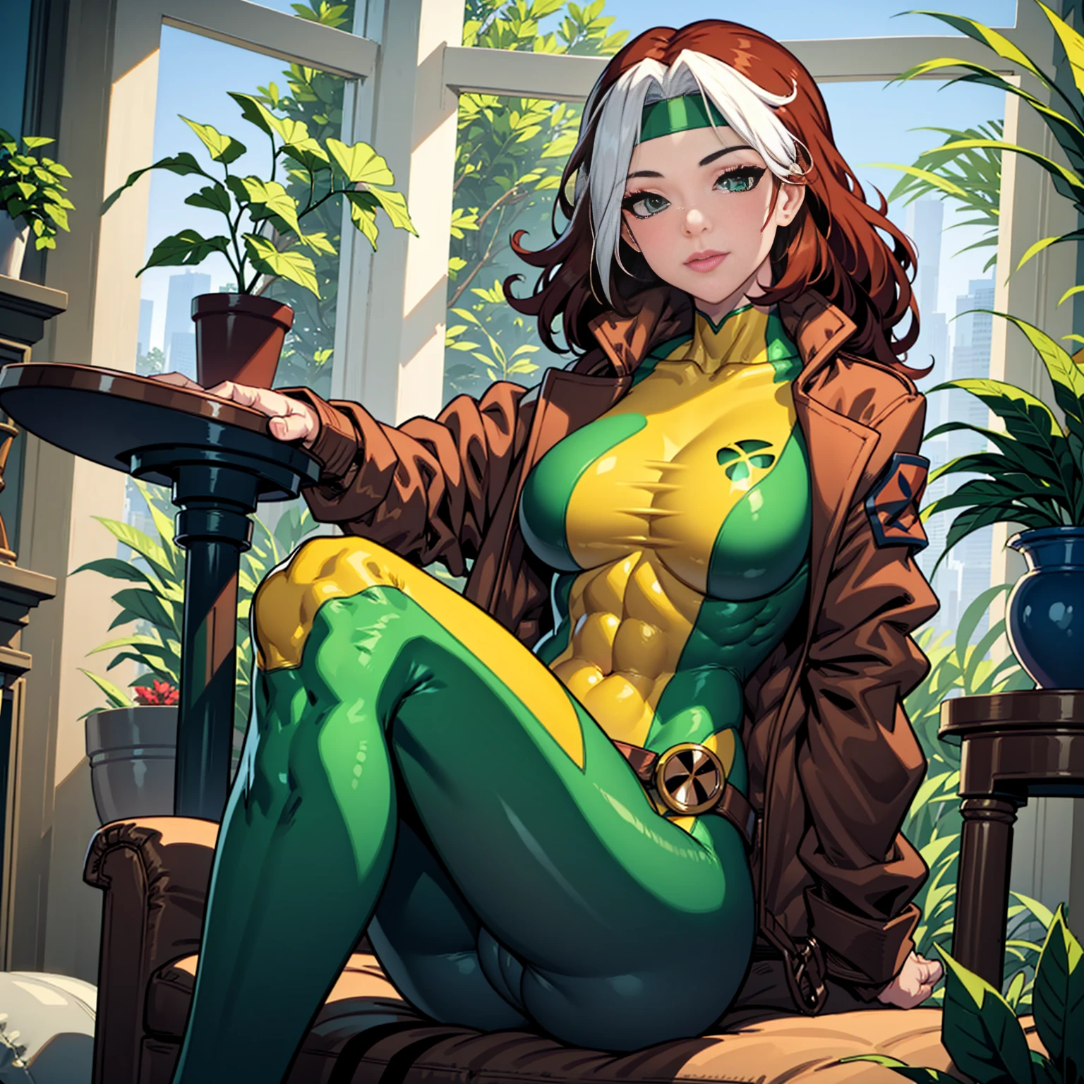 (masterpiece, best quality:1.2), classicrogue, 1girl, solo, long hair, breasts, smile, large breasts, brown hair, green eyes, jacket, big hair, white hair, multicolored hair, parted lips, open clothes, belt, two-tone hair, open jacket, lips, bodysuit, covered navel, makeup, muscular, headband, abs, skin tight, multicolored clothes, muscular female, dyed bangs, multicolored bodysuit, green bodysuit, yellow bodysuit, butterfly, bug, window, sitting, indoors, plant, book, laptop, computer, couch, looking at viewer, closed mouth, blurry, blue butterfly, potted plant, building, expressionless, depth of field, book stack, day, cameltoe