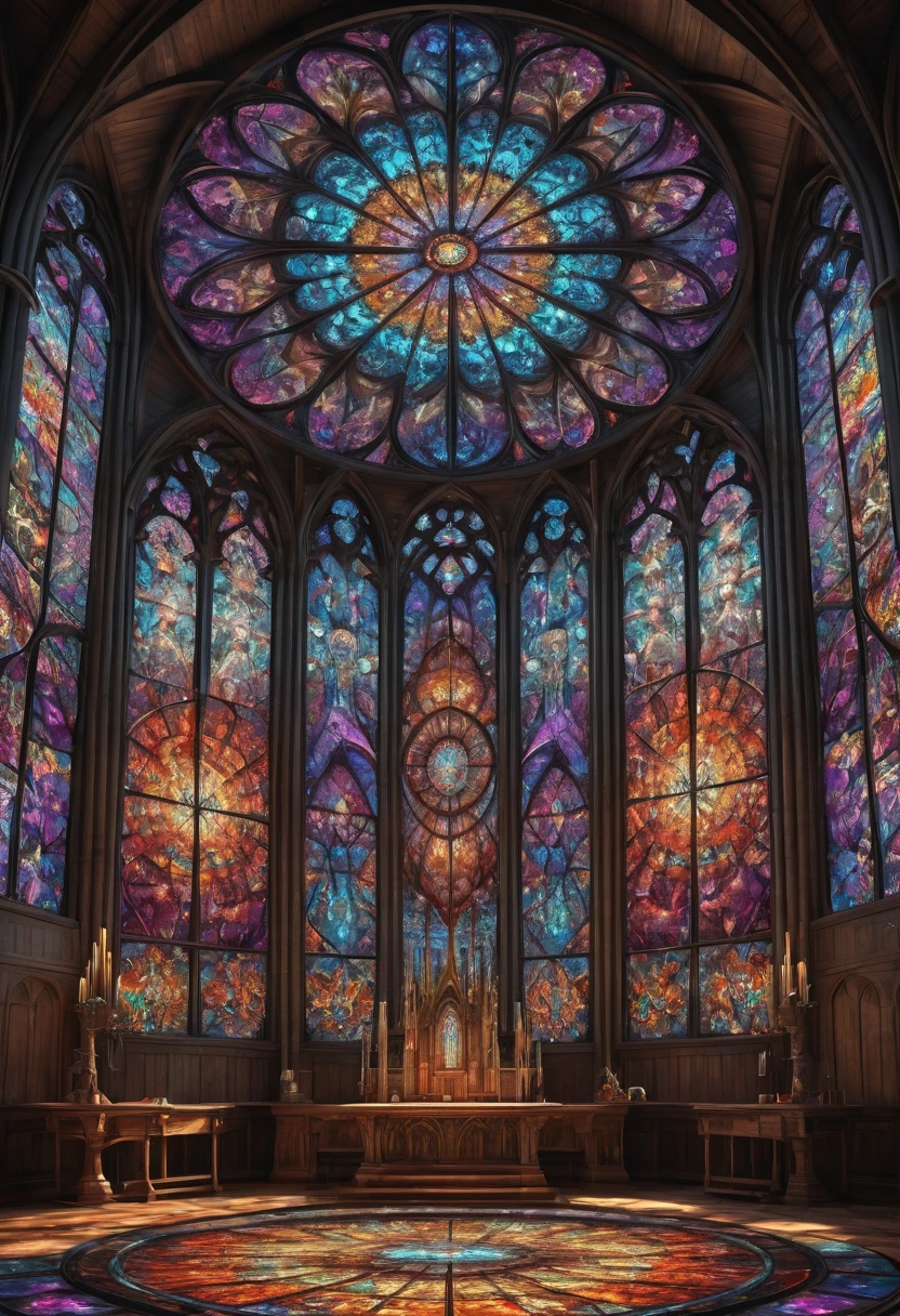 giant geometric shape, Epic stained glass window of a church Colorful glithering beautiful gothic fractal geometry on mandala, Hyperdetailed by Arthur Rackham, intricate details, textured, volumetric, vivid, Antoine Blanchard, vibrant colours, beautiful lighting, perfect composition: detailed matte painting, deep color, fantastical, intricate detail, splash screen, complementary colors, fantasy concept art, 8k resolution trending on Artstation Unreal Engine 5 . masterpiece, best quality, very aesthetic, absurdres, otclillsn