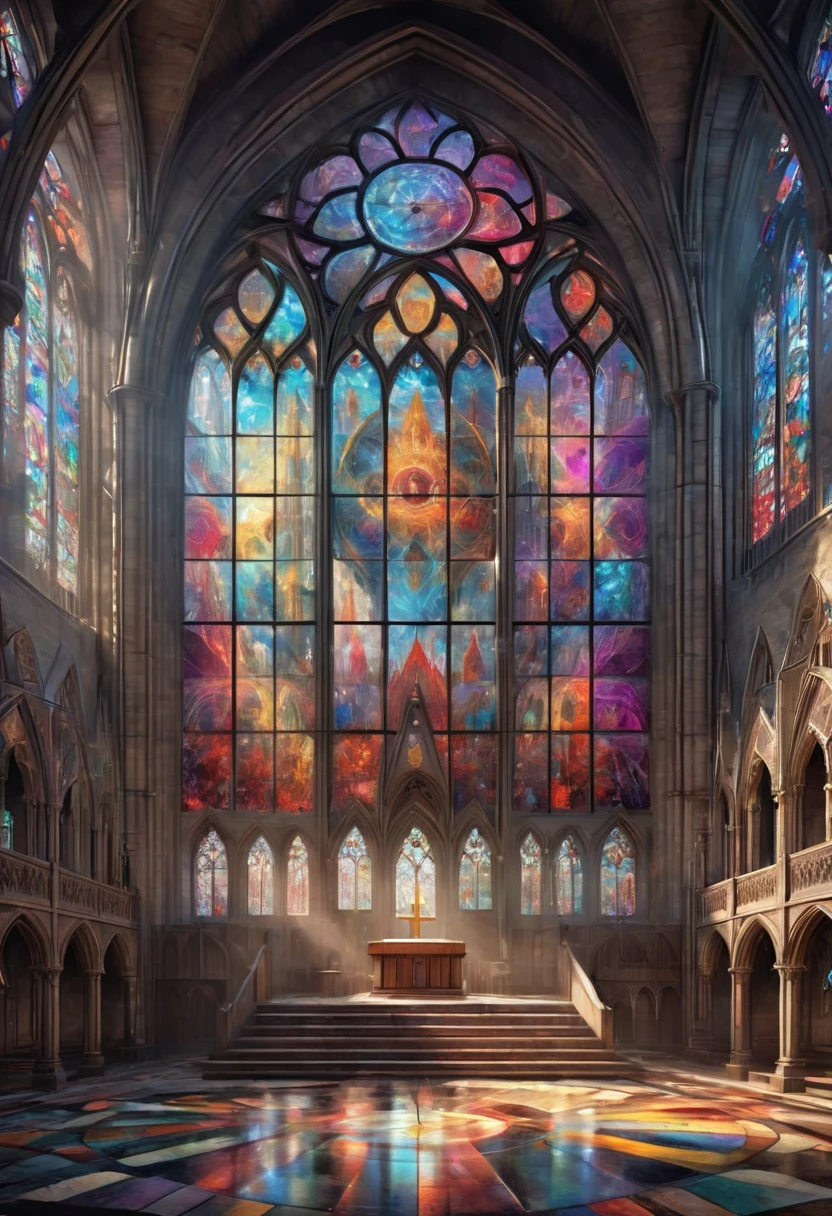 giant geometric shape, Epic stained glass window of a church Colorful glithering beautiful gothic fractal geometry on mandala, Hyperdetailed by Arthur Rackham, intricate details, textured, volumetric, vivid, Antoine Blanchard, vibrant colours, beautiful lighting, perfect composition: detailed matte painting, deep color, fantastical, intricate detail, splash screen, complementary colors, fantasy concept art, 8k resolution trending on Artstation Unreal Engine 5 . masterpiece, best quality, very aesthetic, absurdres, otclillsn