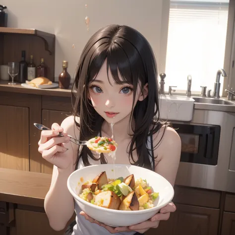 anime girl eating a bowl of food in a kitchen, anime food, super realistic food picture, realistic anime 3 d style, seductive an...