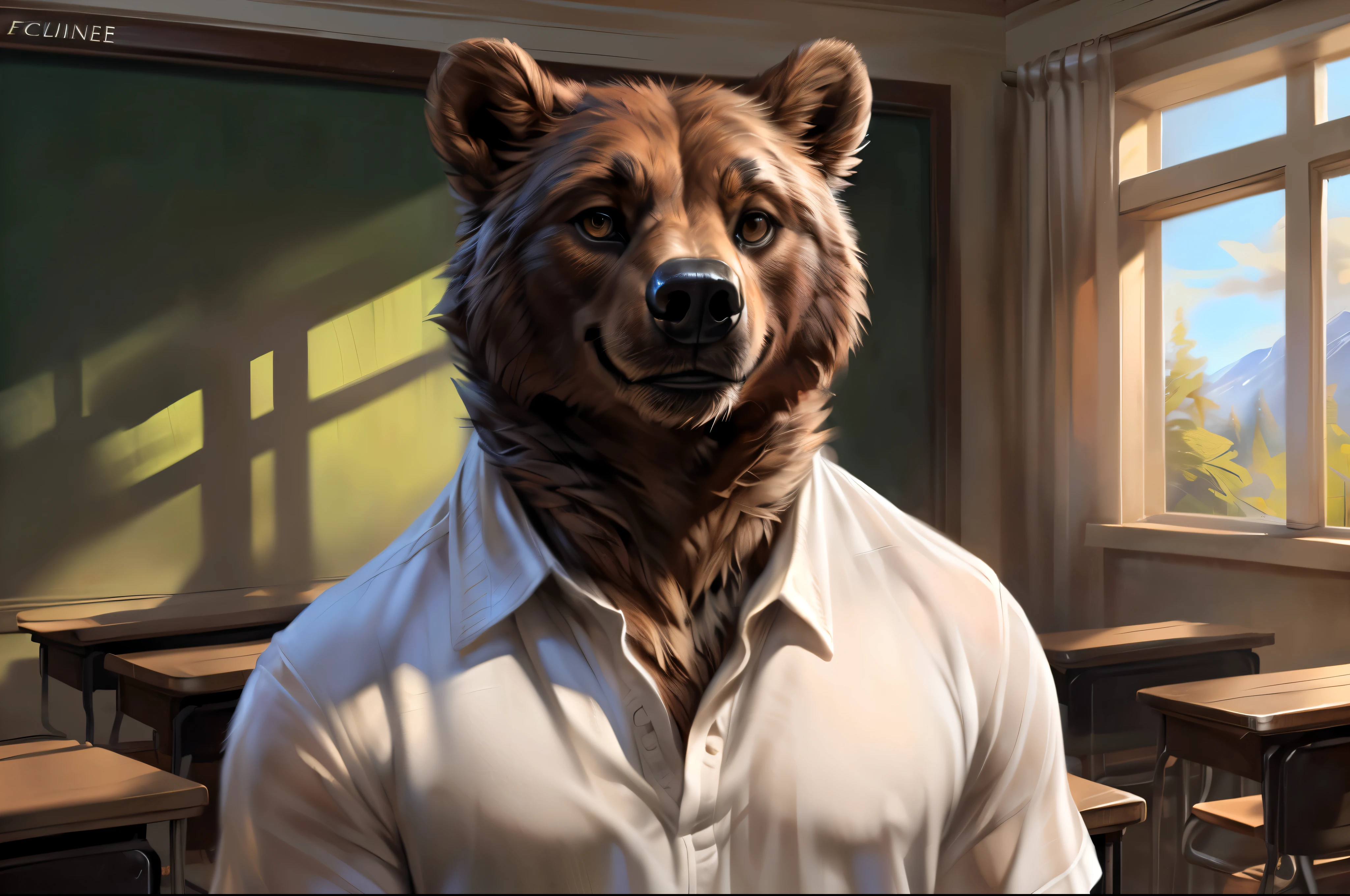 4k, high resolution, best quality, perfect colors, perfect shadows, perfect lighting, portrait shot, front view, posted on e621, furry body, solo, anthro brown bear, (monotone brown fur:1.3), male, correct anatomy, (photorealistic fur, detailed fur, epic, masterpiece:1.2), (by Taran Fiddler, by Chunie, by Rukis, Bonifasko lighting), detailed bear eyes, (white tank-top:1.4), looking at the camera, (solo, very young:1.4), chubby, (white shirt:1.4), school, classroom, (standing, smiling:1.2)
