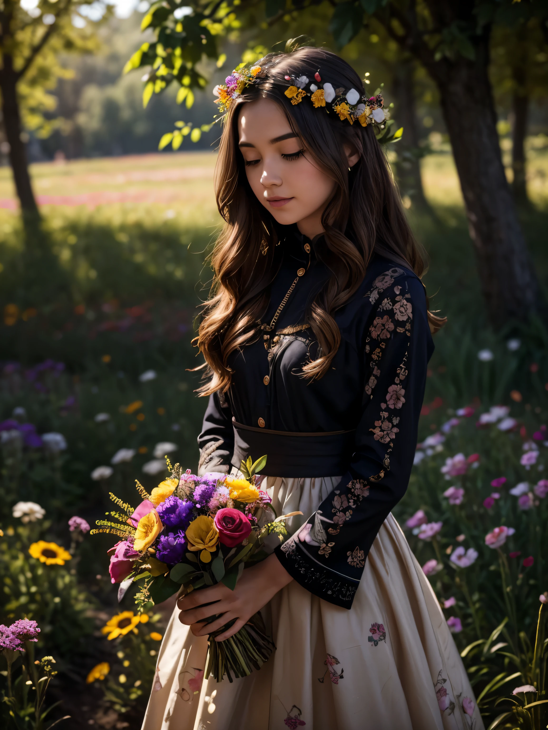 A girl in a flower field with vibrant colors, wearing a flowing dress, surrounded by a gentle breeze. The girl has bright, sparkling eyes, rosy cheeks, and a joyful smile. She is holding a bouquet of colorful wildflowers and has a crown of flowers in her hair. The sun is shining brightly, casting a warm and golden glow on the scene. The flowers in the field are in full bloom, creating a stunning display of colors, including shades of red, pink, yellow, and purple. The grass is lush and green, adding to the overall picturesque beauty. The atmosphere is peaceful and serene, with a hint of magic in the air. The sunlight filters through the leaves, creating dappled patterns of light and shadow on the ground. The artwork is rendered in a realistic and detailed style, capturing every intricate detail of the girl, flowers, and the surrounding landscape. The overall color palette is vibrant and lively, with vivid hues and high contrast. The lighting is soft and warm, giving the scene a dreamlike quality. The medium used to create this artwork is a combination of traditional painting techniques and digital art, resulting in a visually appealing and highly engaging piece.