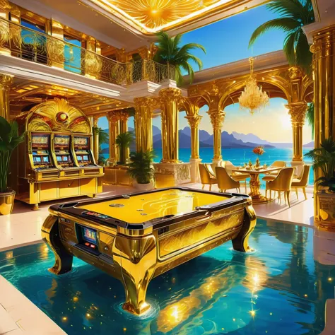 gold coins, slot machine, banknotes, golden swimming pool, luxury villa, palm trees, high-end jewelry, exotic cocktails, rich at...