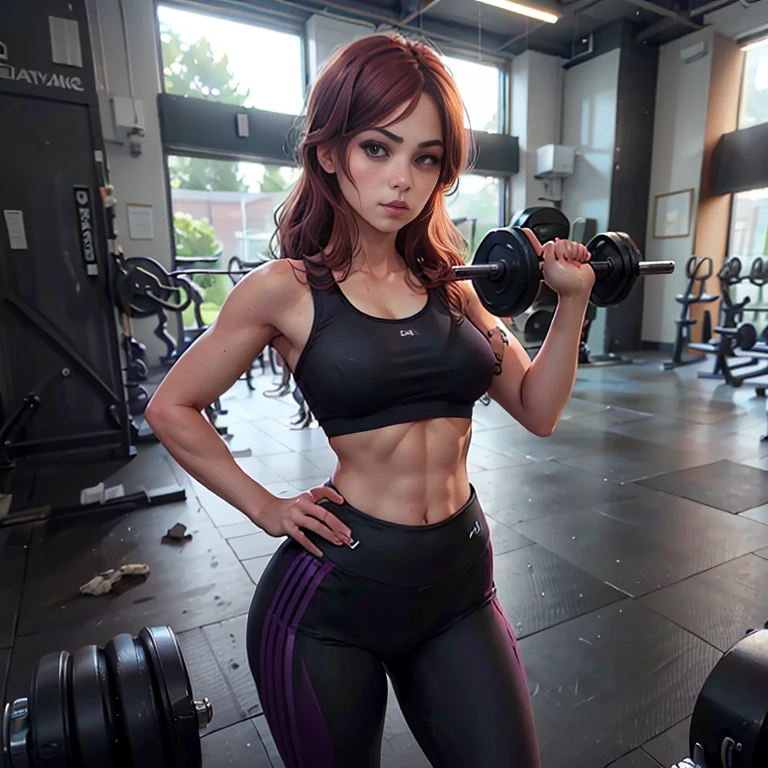 Masterpiece, best quality, detailed face, woman, toned body, sexy body, auburn hair, black sports bra, purple yoga pants, standing, one hand behind back, one hand on hip, in the gym, looking at viewer, neutral face