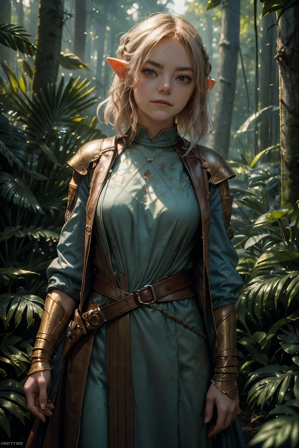 guarda florestal feminina, sorriso, orelhas de halfling, ((Emma Stone)), elegantemente vestido com vestes verde-oliva e marrons com um toque de armadura de couro para maior durabilidade, capuz levantado para revelar apenas seus olhos cianos e a ponta de seu cabelo loiro trançado, parado em meio a uma cena de floresta serena, mas misteriosa, com cada mecha de seu cabelo intrinsecamente detalhada e cada invólucro de seu traje com textura fina, a tinta a óleo capturando habilmente a luminescência em seus olhos ciano, o jogo de luz e sombra no chão da floresta, e a tranquilidade do ambiente natural. A pintura é renderizada com detalhes incríveis, com alta resolução revelando cada fibra. Arte colorida RAW de alto detalhe,  (pele detalhada, textura da pele), atmosfera natural, (Músculo), detalhes intrincados, detalhes finos, hiperdetalhado, Rastreamento de raio, dispersão subterrânea, iluminação suave difusa, profundidade superficial de campo, por (Oliver Wetter) Atey Ghailan, por Jeremy Mann, Greg Manchess, Antonio Moro, Tendência na Artstation, tendência na CGSociety, Intrincado, alto detalhe, foco nitído, dramatic and photorealistic painting art por midjourney and greg rutkowski, bokeh em segundo plano,  jaqueta, melhor qualidade, obra de arte