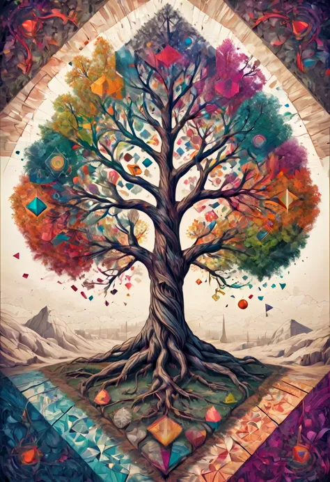 giant geometric shape, colorful tree of life, geometric art, symmetrical, concept art, HDR, centered composition, high contrast,...