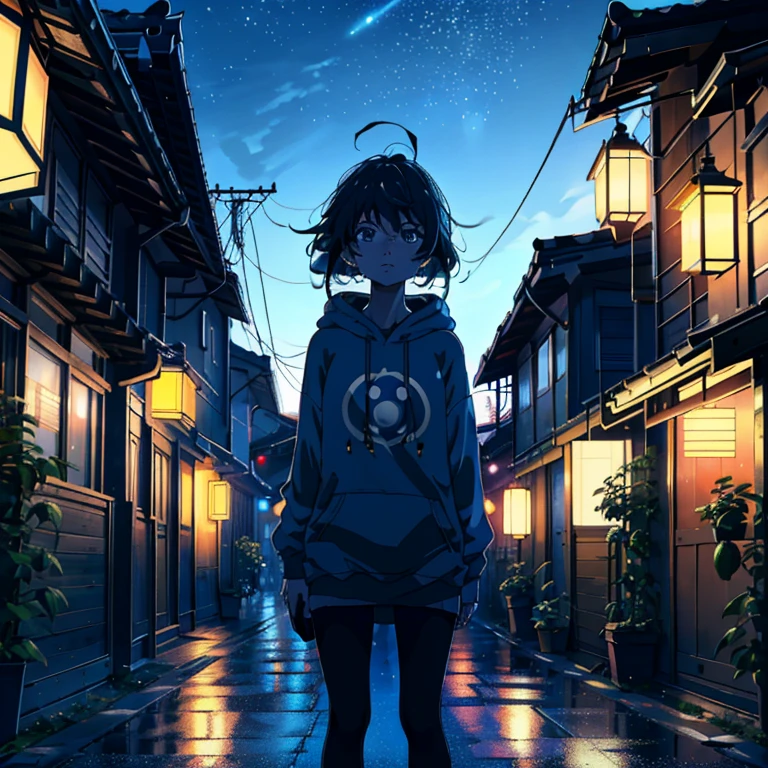 Realistic, Real life, Beautiful cute  standing on roof looking at the sky, Detailed cities below with lanterns, Very detailed by Greg Lutkowski Makoto Shinkai Kyoto Animation Key Art Feminine mid-shot, style of Laurie Greasley, Studio Ghibli, Akira Toriyama, by james gilleard, GenshinImpact, Trending pixiv fanbox, acrylic palette knife, 4K, Vibrant colors, Devinart, Trending on ArtStation,Octane Render, bio luminescent,8K resolution concept art, Realism,by Mappa Studios,masutepiece,Best Quality,Official art,Illustration,ligne claire,(Cool_Color),Perfect composition,absurderes, Fantasy,Focused,Night, Starry Night, crescent, shooting stars,Stars,,Cypherpunk universe,Photo of 8K ultra realistic beautiful sad woman in her 20s standing on top of a building,Leaning against the railing,Take a look at the sky for a moment, See the glowing cypherpunk neon city ,Wearing a cypherpunk style short hoodie shirt and medium short,Medium chest, Full Moon Night , entire city visible , Complex wet black shoulder length hair, Heavy rain makes her all wet ,