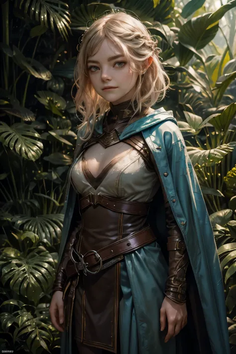 female ranger, smile, halfling ears, ((Emma Stone)), elegantly dressed in olive and brown robes with a hint of leather armor for...