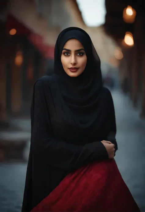 A woman wearing a red hijab and a black dress - SeaArt AI