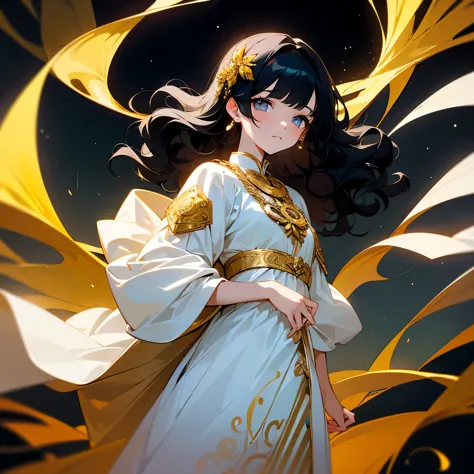  12 years old short wavy black hair honey eyes simple white dress gold medallion in the shape of a half moon the scenario takes ...