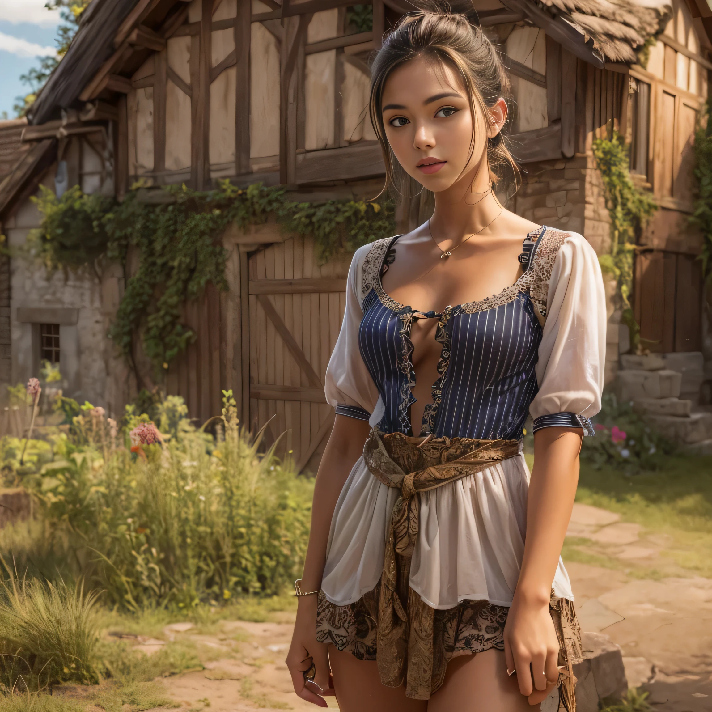 Young French woman, 25 ans, lightly tanned skin, corps parfait, (yeux verts), paysanne, medieval, champs, cottage, American shot, photorealistic, uhd, (corps entier), (skin-tight short dress), look sexy, ((leaning forward)), small breasts, flat chest, smile, slim, thin waist, thin thighs, thin arms, (view from above), (downblouse)