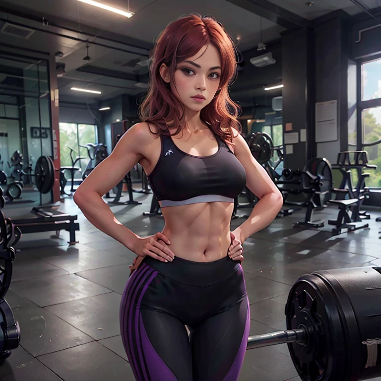 Masterpiece, best quality, detailed face, woman, toned body, sexy body, auburn hair, black sports bra, purple yoga pants, standing, one hand behind back, one hand on hip, in the gym, looking at viewer, neutral face